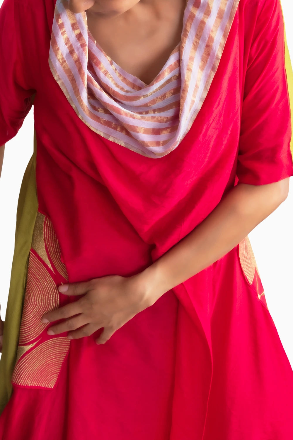 Vermilion & Chartreuse Chanderi Cowl Top