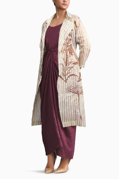 Wine Chanderi Dress & White Gold Botanical Trench Set