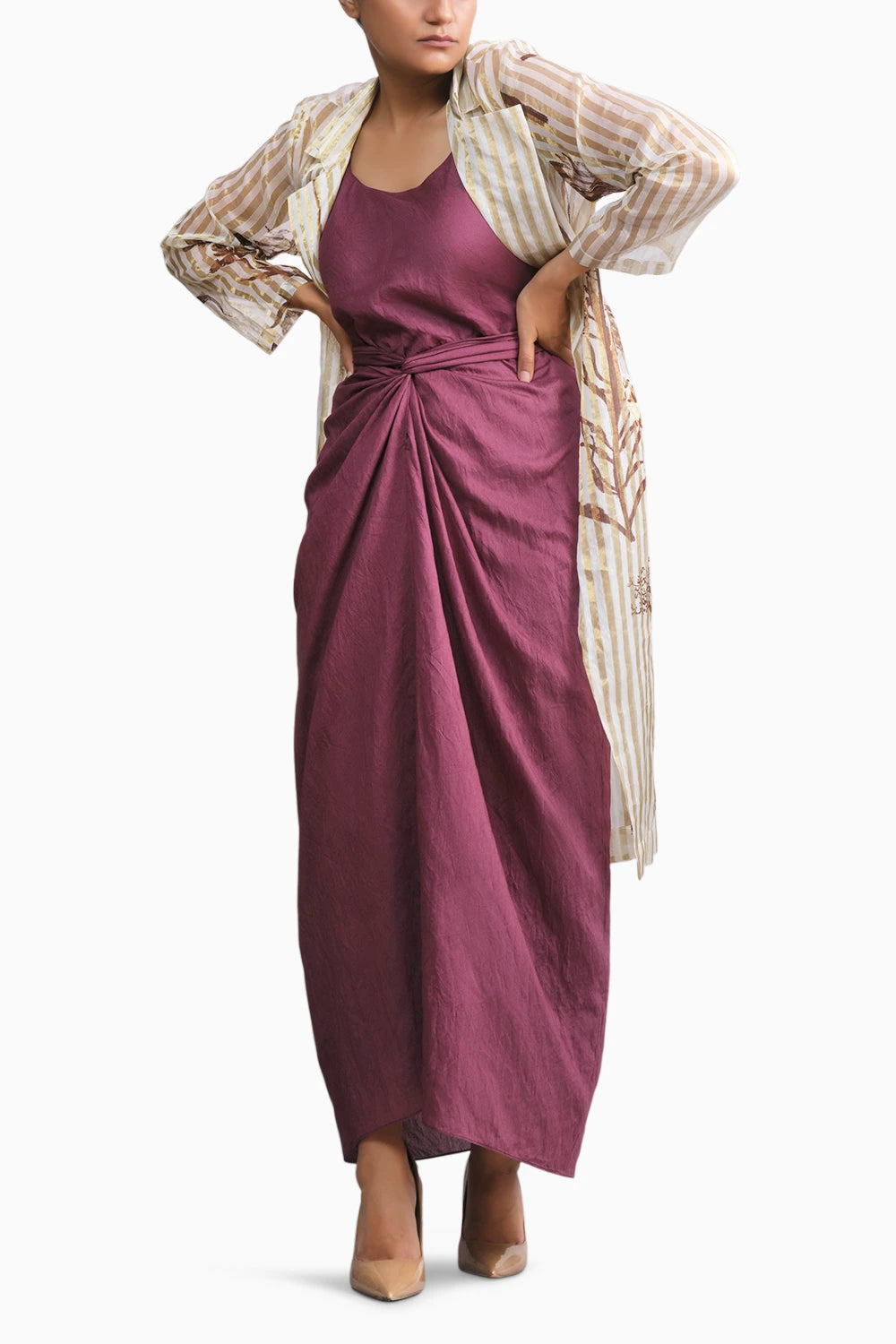 Wine Chanderi Dress & White Gold Botanical Trench Set