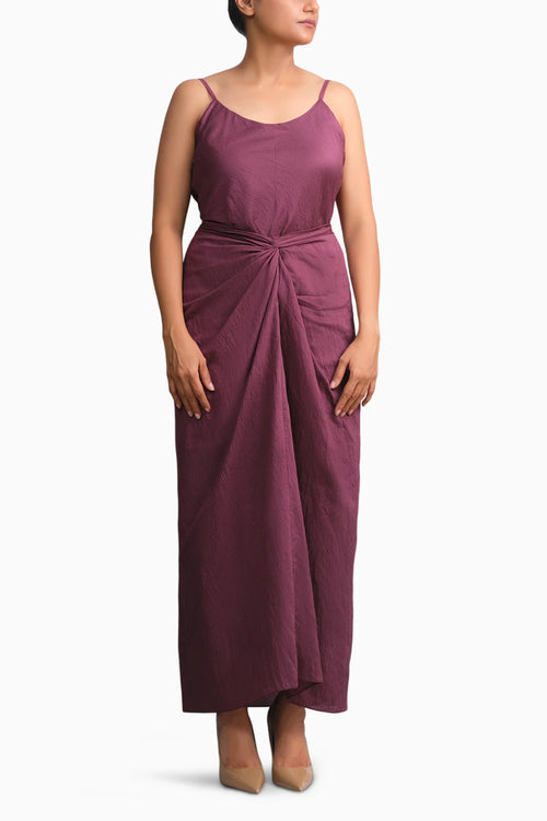 Wine Chanderi Dress & White Gold Botanical Trench Set