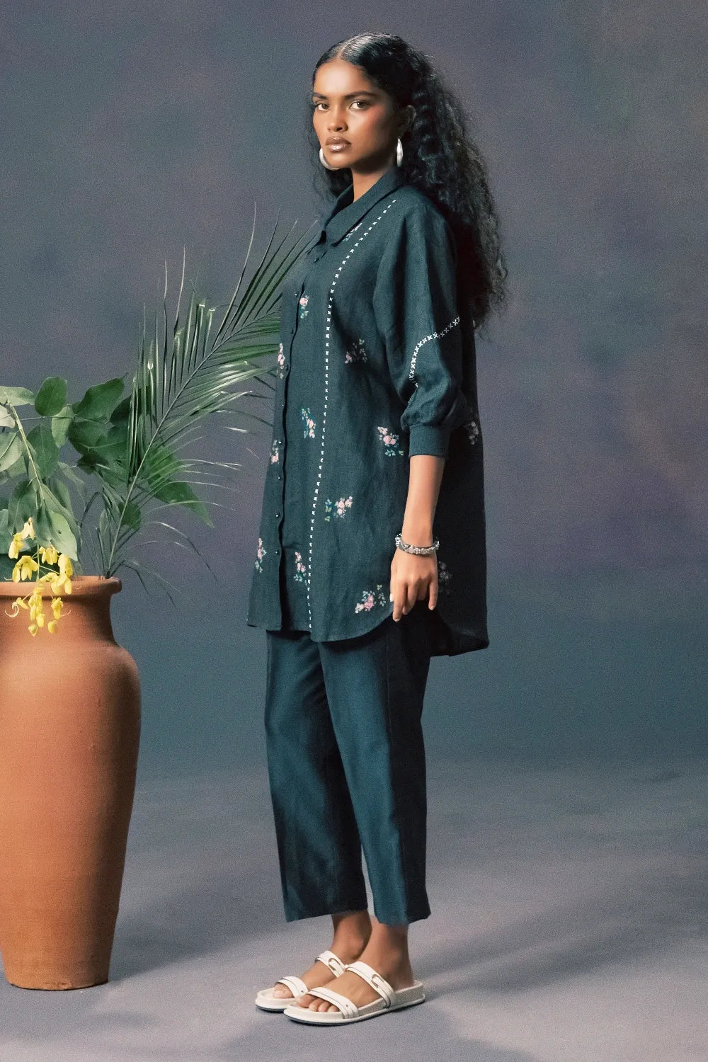 Indigo Rose Print Shirt and Pant Set