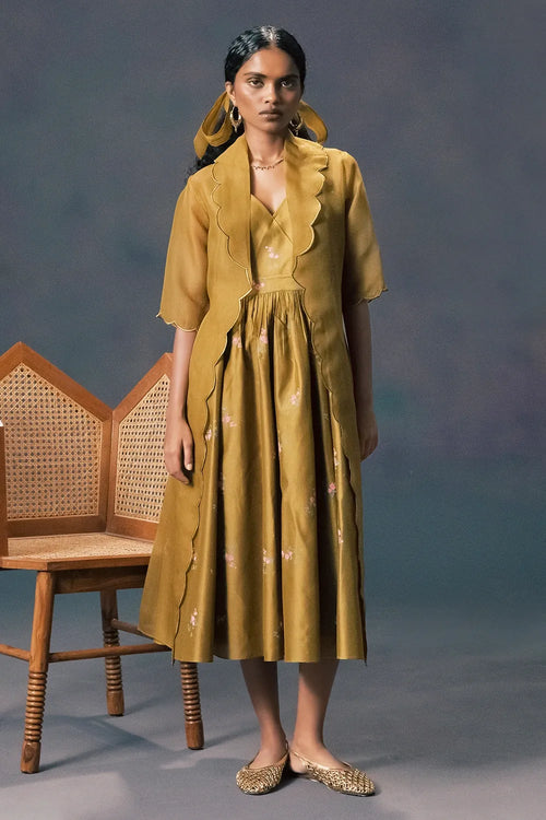 Moss Green Embroidered Dress With Jacket