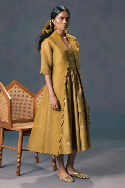 Moss Green Embroidered Dress With Jacket