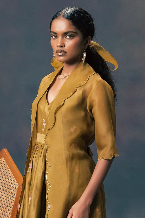 Moss Green Embroidered Dress With Jacket