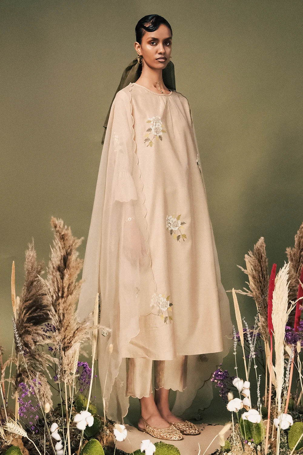Beige Embroidered Tunic Set