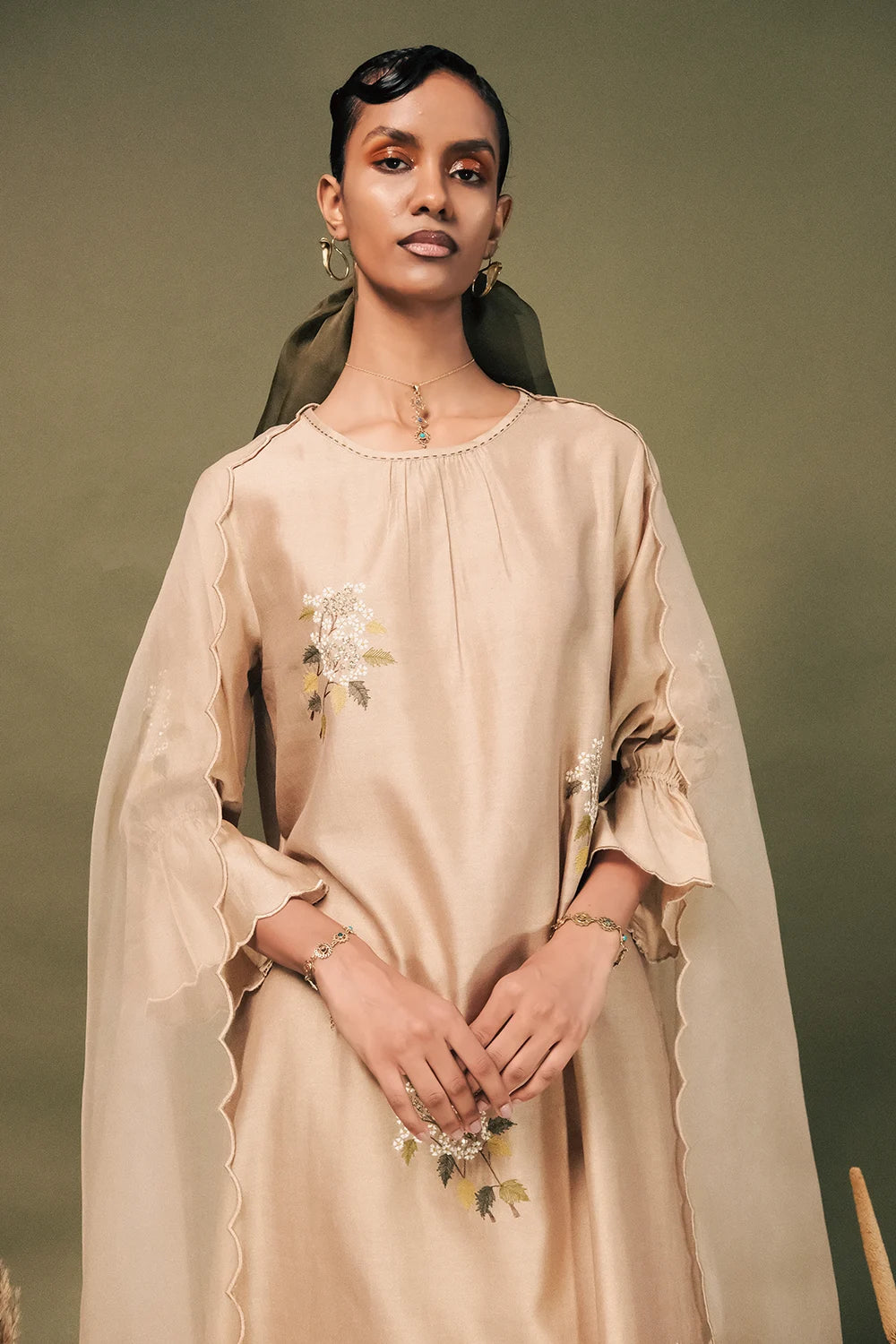Beige Embroidered Tunic Set