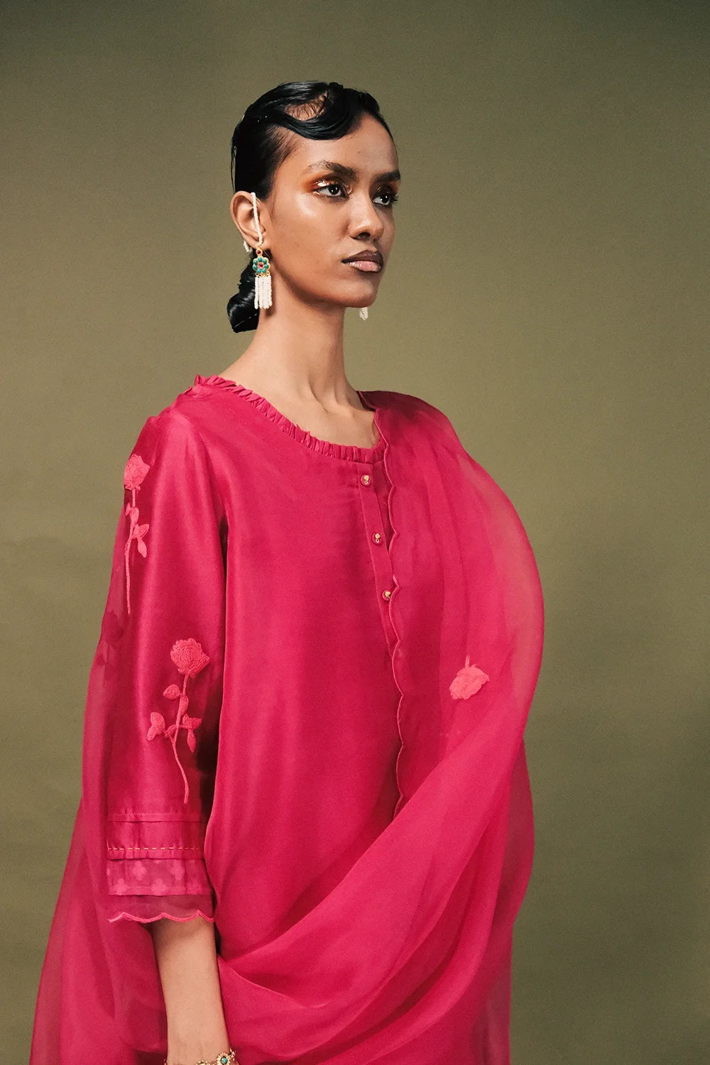 Fuchsia Tunic And Pants Set  With Dupatta