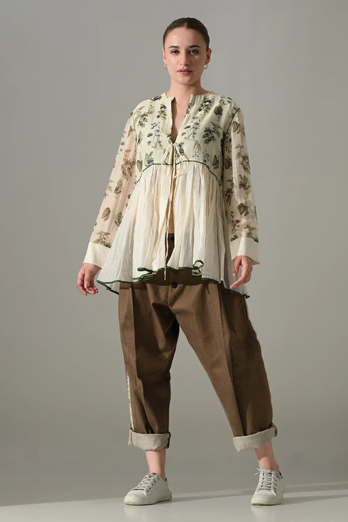Cream Botanical Gathered Tunic And Pant Set