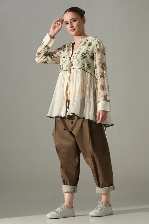 Cream Botanical Gathered Tunic And Pant Set