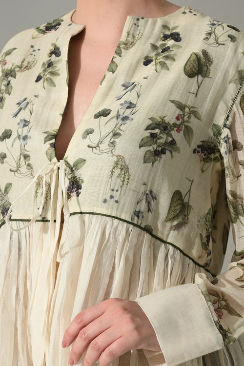 Cream Botanical Gathered Tunic And Pant Set
