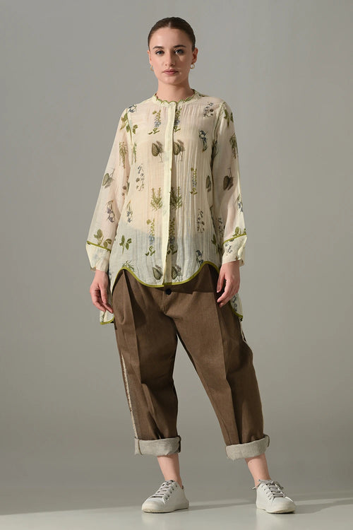 Cream Floral  High Low Tunic And Pant Set