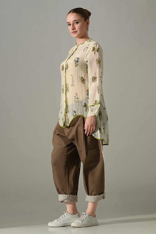 Cream Floral  High Low Tunic And Pant Set