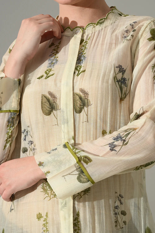 Cream Floral  High Low Tunic And Pant Set