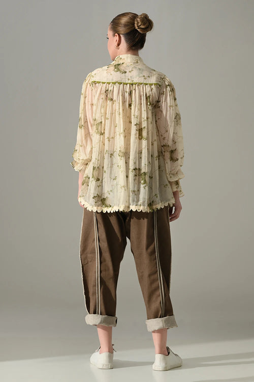 Cream Botanical Print Gathered Shirt Set