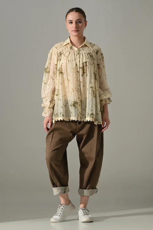 Cream Botanical Print Gathered Shirt Set