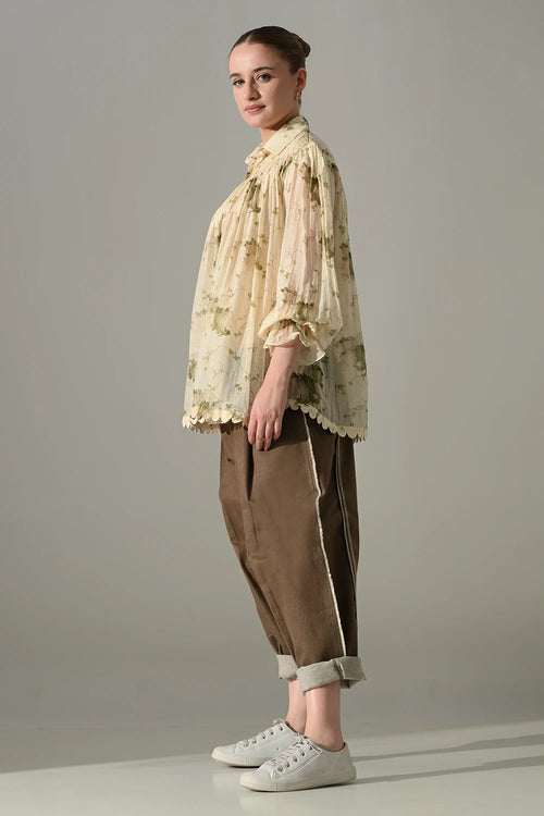 Cream Botanical Print Gathered Shirt Set