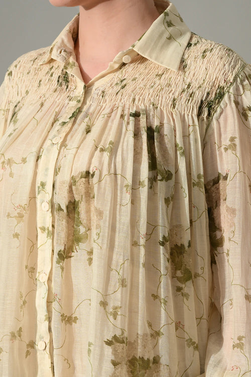 Cream Botanical Print Gathered Shirt Set