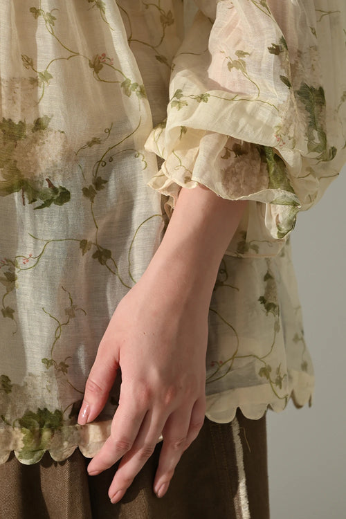 Cream Botanical Print Gathered Shirt Set