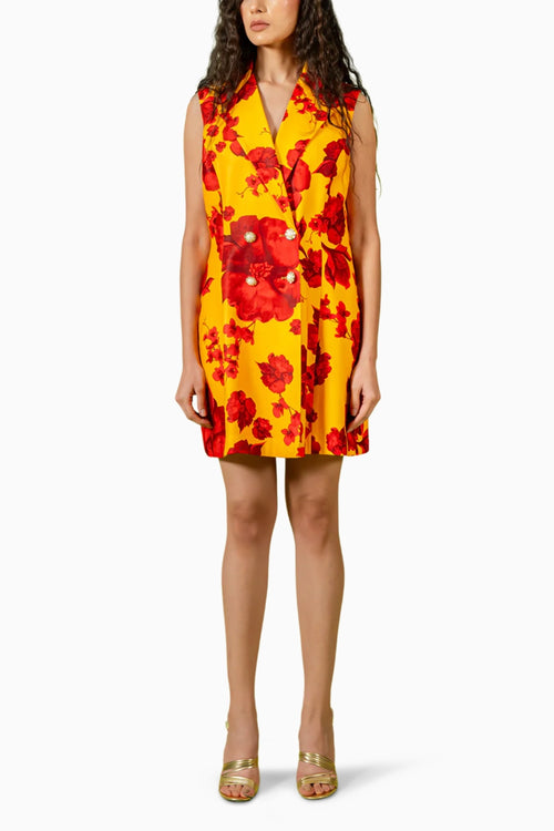 Yellow Red Floral Print Mini Blazer Dress