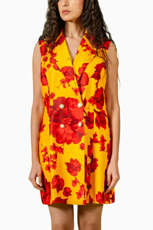 Yellow Red Floral Print Mini Blazer Dress