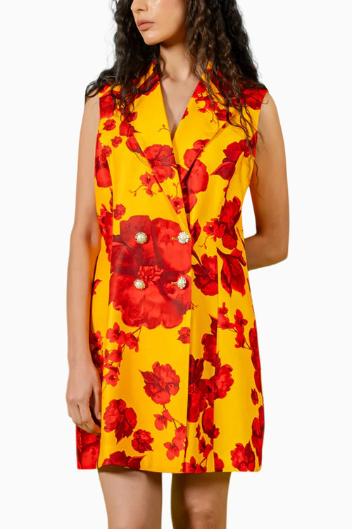 Yellow Red Floral Print Mini Blazer Dress
