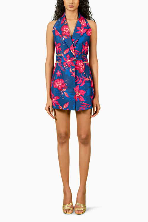 Navy Fuschia Floral Print Mini Blazer Dress