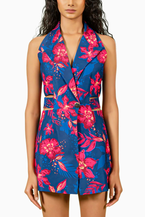 Navy Fuschia Floral Print Mini Blazer Dress