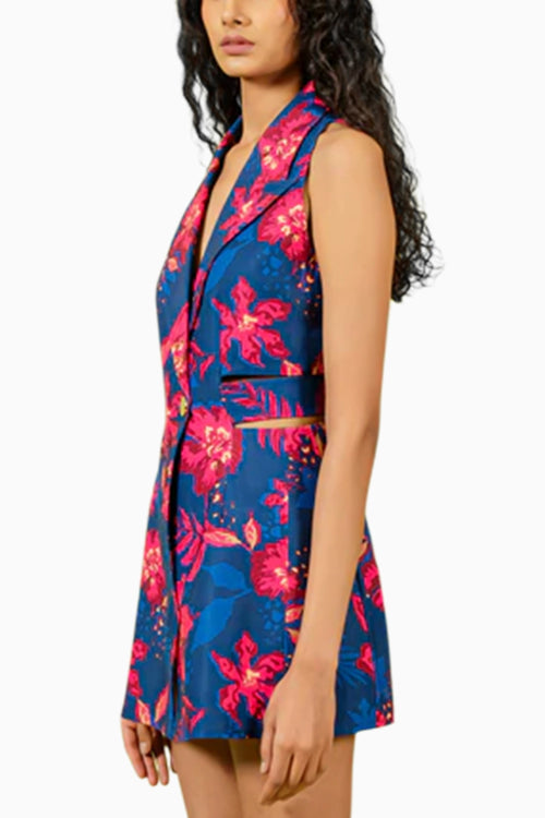 Navy Fuschia Floral Print Mini Blazer Dress