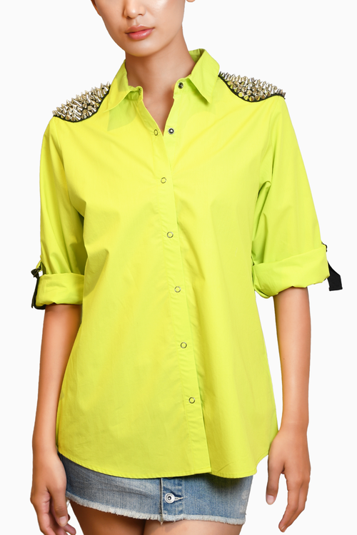 Neon Green Cotton Shirt with Embroidery