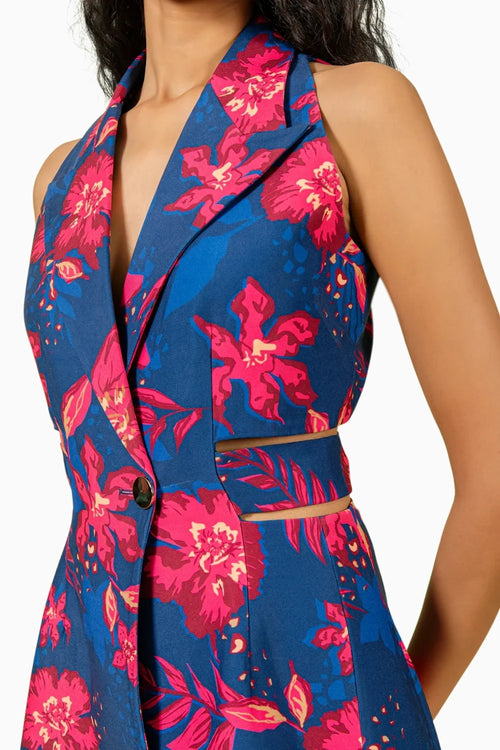 Navy Fuschia Floral Print Mini Blazer Dress