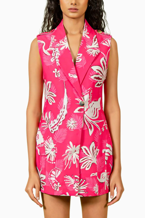 Fuschia White Floral Print Mini Blazer Dress