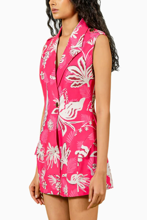 Fuschia White Floral Print Mini Blazer Dress