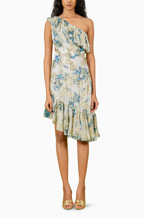 Blue White Floral Print On Shoulder Dress