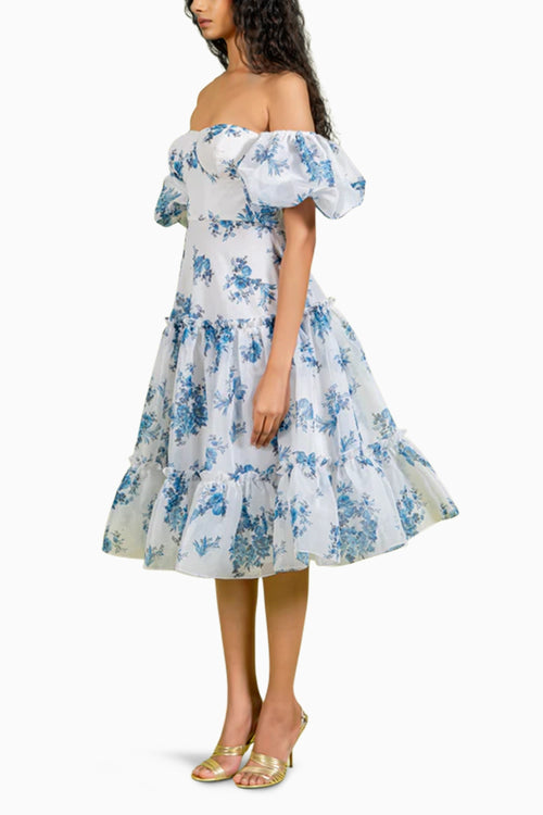 Blue White Floral Print Off Shoulder Dress