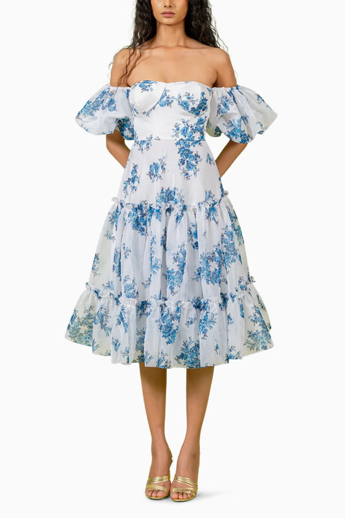 Blue White Floral Print Off Shoulder Dress