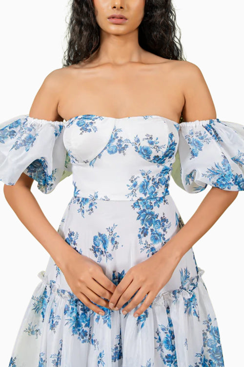 Blue White Floral Print Off Shoulder Dress