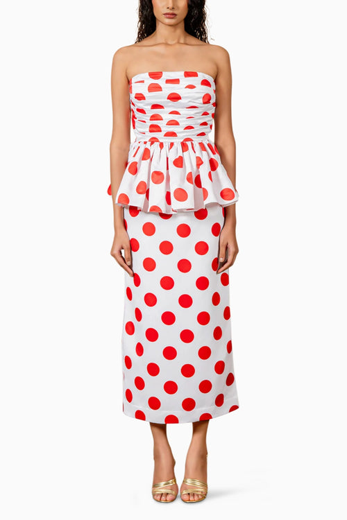 Red Polka Draped Tube Dress