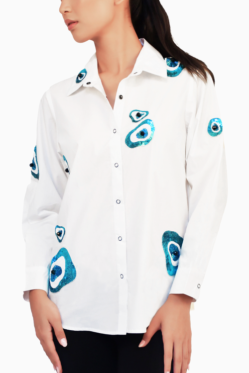 White One Piece Shirt with Evil Eye Embroidery
