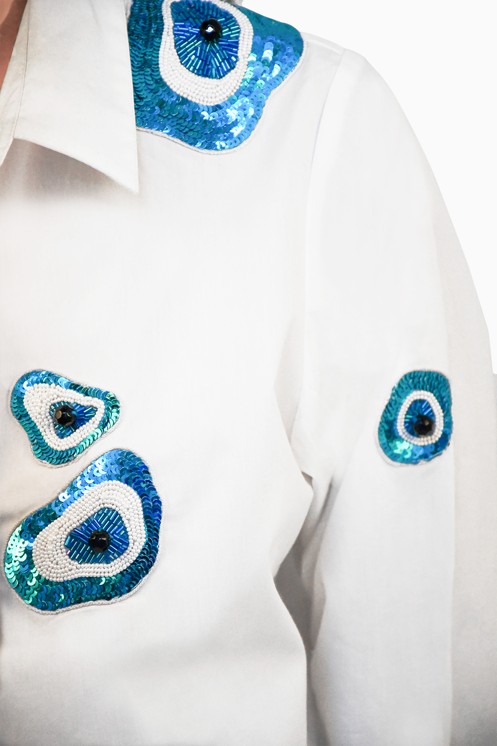 White One Piece Shirt with Evil Eye Embroidery