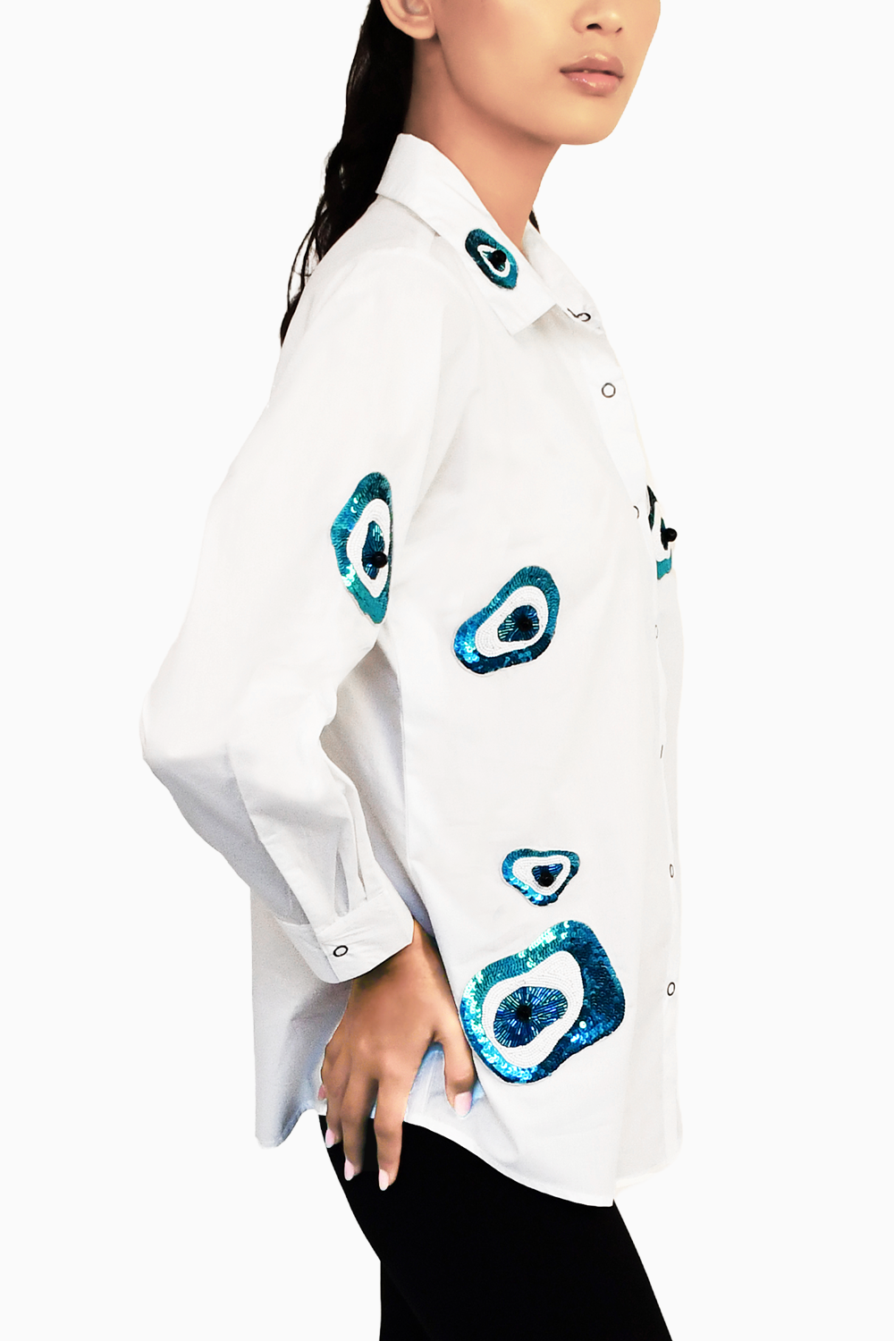 White One Piece Shirt with Evil Eye Embroidery