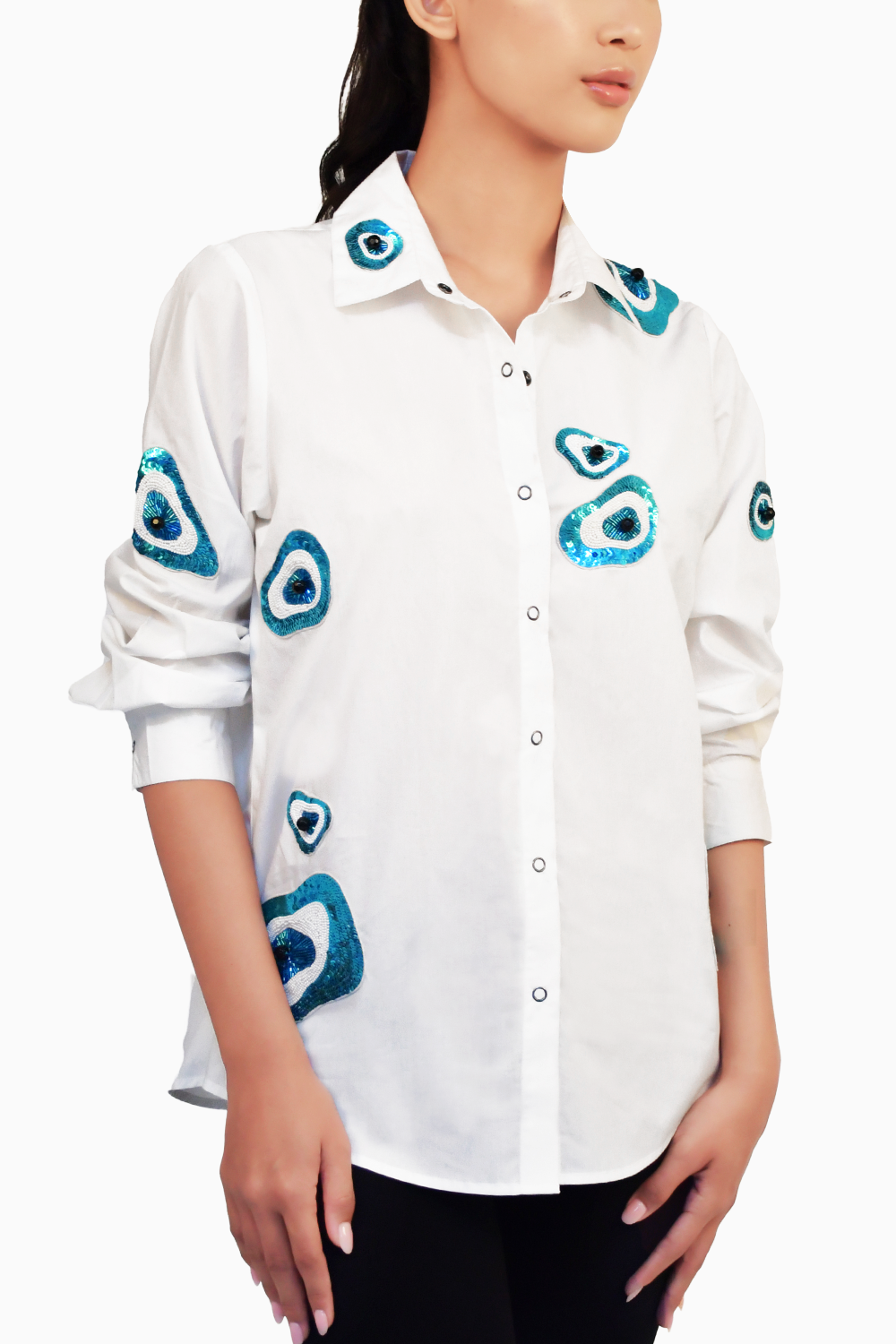 White One Piece Shirt with Evil Eye Embroidery