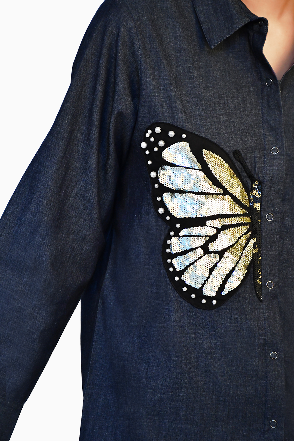 Blue Denim Shirt with Sequin Embroidery