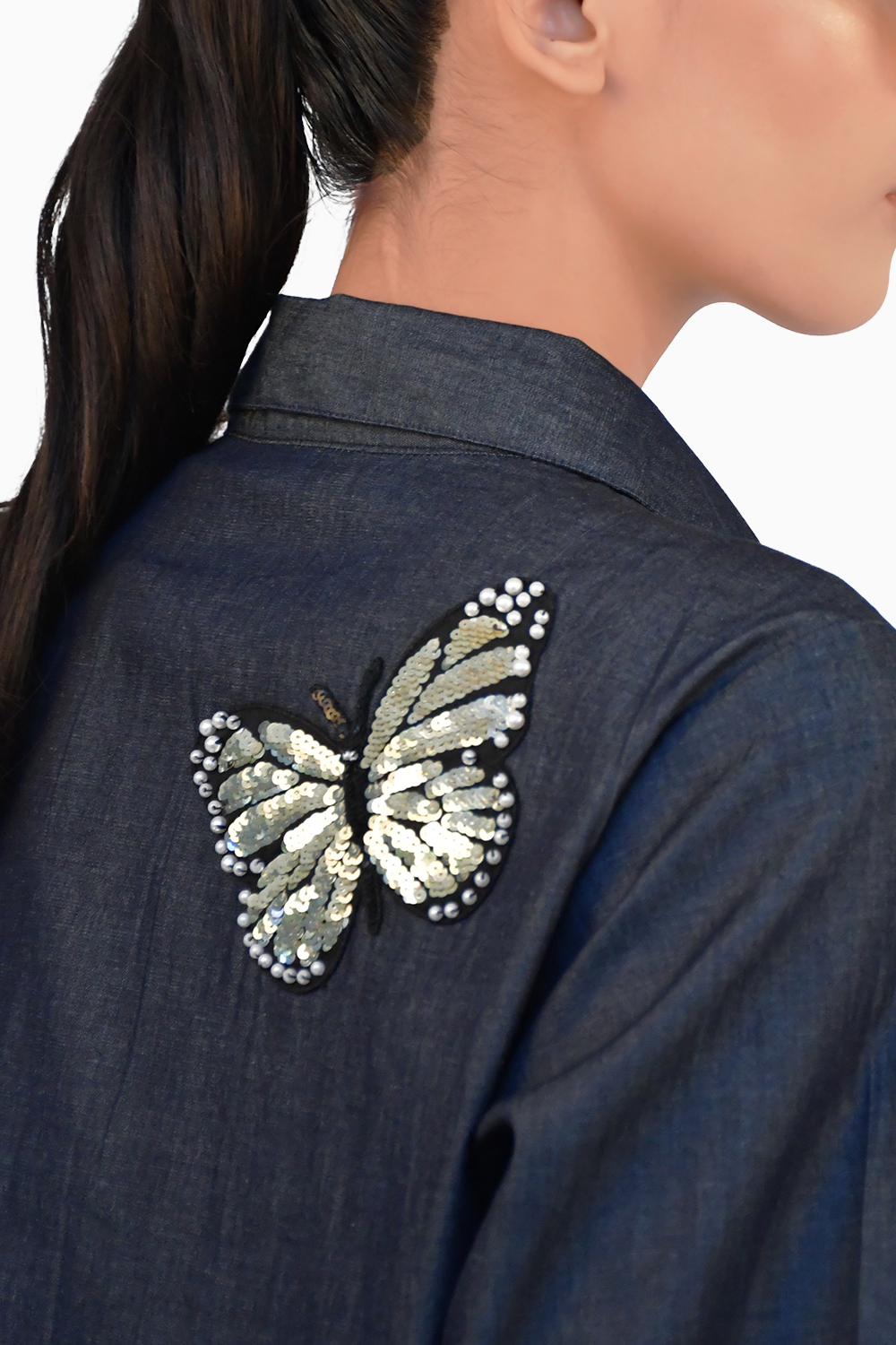 Blue Denim Shirt with Sequin Embroidery