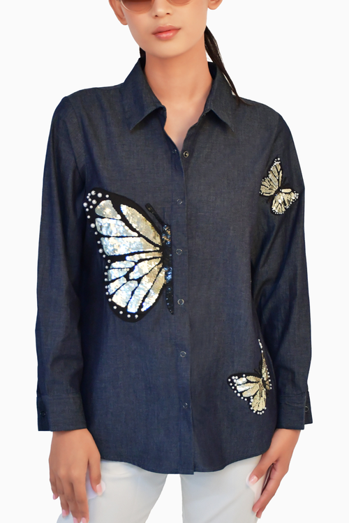 Blue Denim Shirt with Sequin Embroidery