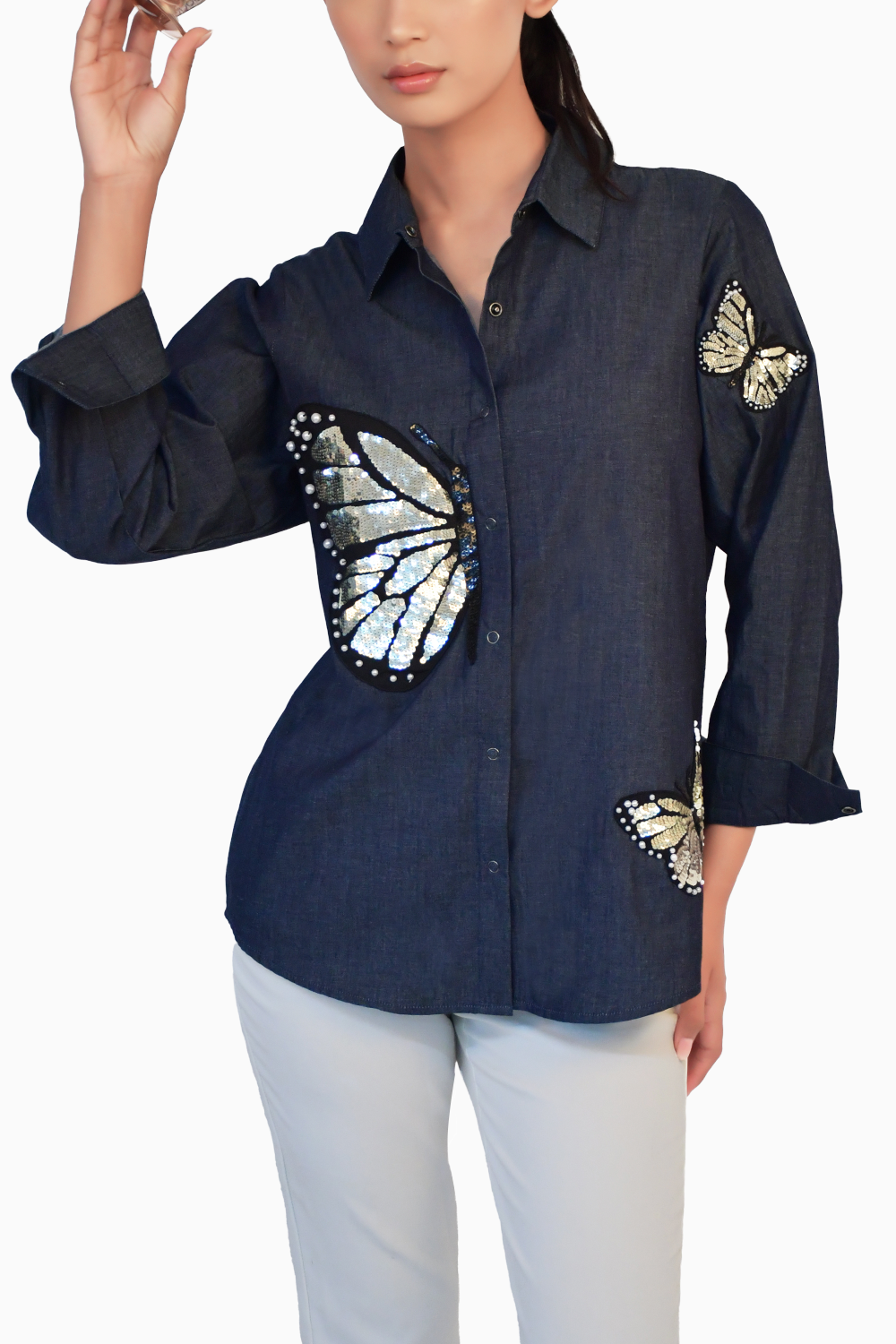 Blue Denim Shirt with Sequin Embroidery