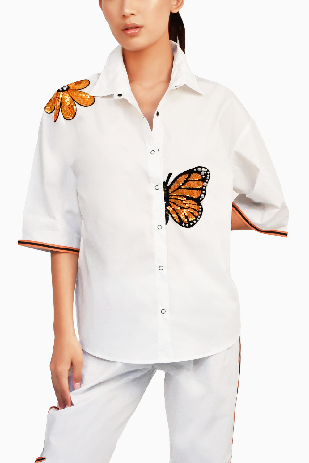 White Cotton Shirt with Butterfly Sequin