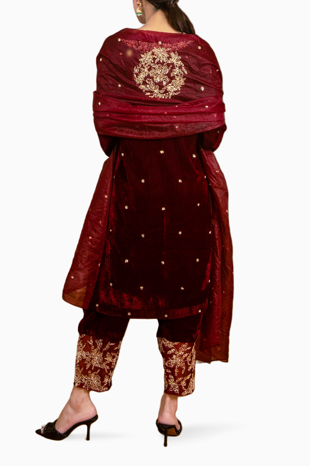 Wine Embroidered Velvet Kurta Set