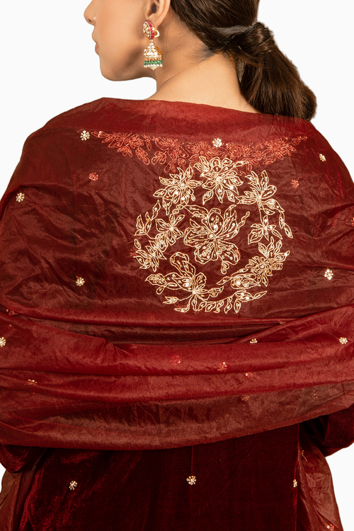 Wine Embroidered Velvet Kurta Set