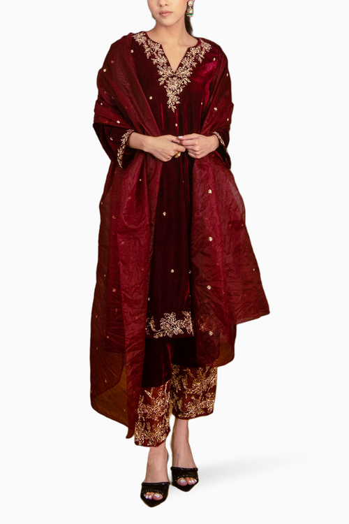 Wine Embroidered Velvet Kurta Set