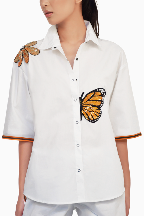 White Cotton Shirt with Butterfly Sequin